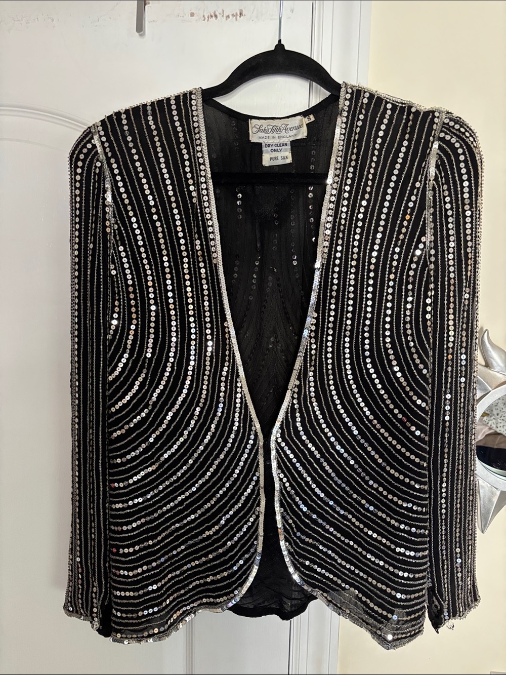 Saks Fifth Avenue Made in England Black Silk Silver Sequin 80’s Jacket-S